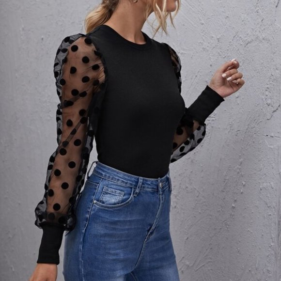 CHIC DOLLZ Polka Dot Mesh Sleeve Top - Picture 3 of 9